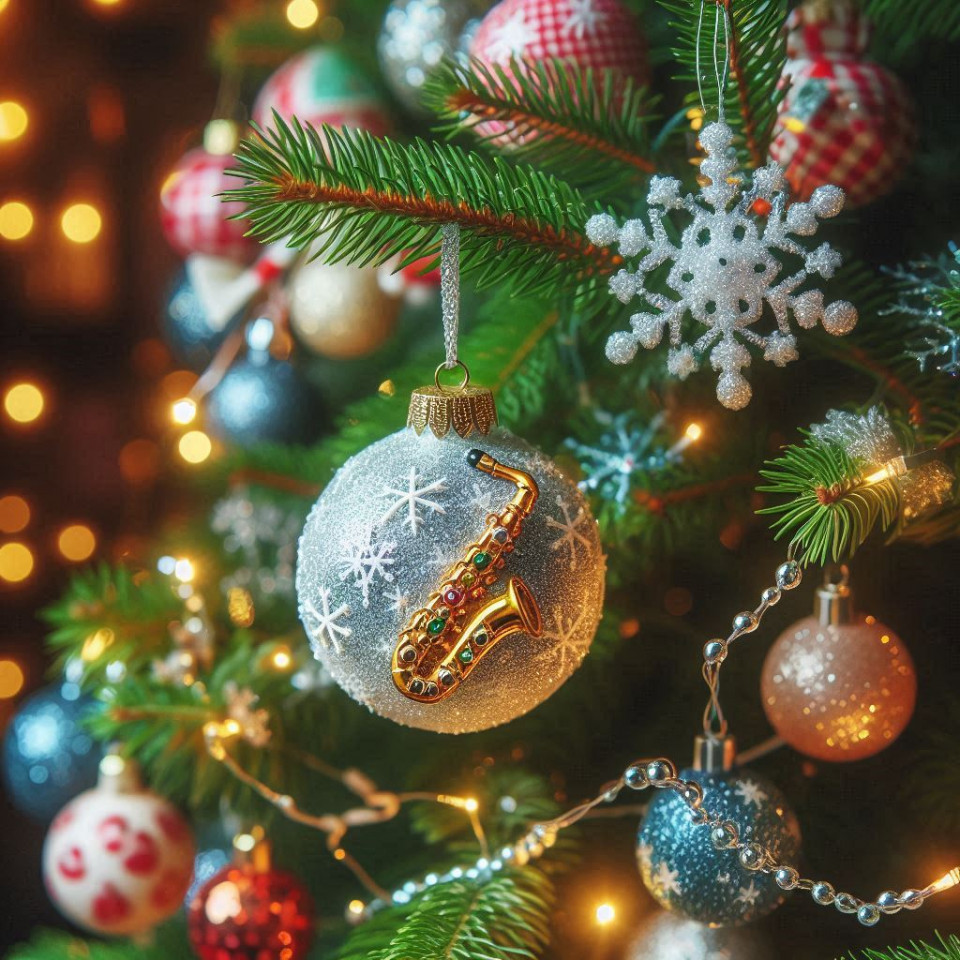 Eine Weihnachtskugel auf einem Christbaum mit einem Saxophon darauf